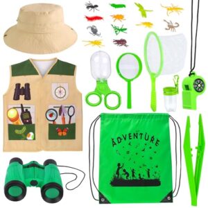 Kyson Kids Explorer Costume and Bug Catcher Kit 22Pcs with Vest,Hat,Net,Tweezers-Safari Camping Adventure Gear for Outdoor Exploration Ages 3-8 Boys Girls (Khaki)
