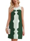 Ladyful Color Block Shift Dress Cotton Linen Sleeveless Crew Neck Mini Dresses 60s Party Vacation Sundresses with Pockets Dark Green