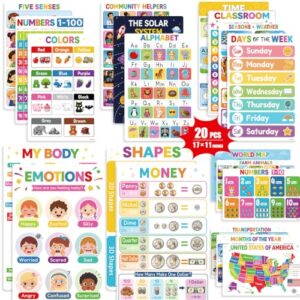 Laminated Educational Posters for Classroom, Preschool Learning Posters - 20 PCS Kindergarten Classroom Decor with Alphabet, Numbers, Weather, Emotions Charts, Teacher Supplies with Rounded Corners