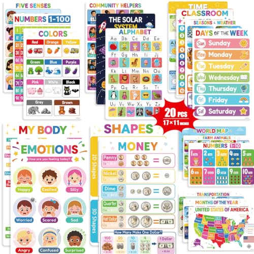 Laminated Educational Posters for Classroom, Preschool Learning Posters - 20 PCS Kindergarten Classroom Decor with Alphabet, Numbers, Weather, Emotions Charts, Teacher Supplies with Rounded Corners