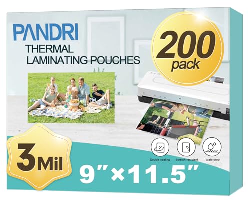 Laminating Sheets, PANDRI 200 Pack Thermal Laminator Pouches Holds 8.5 x 11 Inch, 3 Mil Clear Laminator Paper 9 x 11.5 Inch, Letter Size