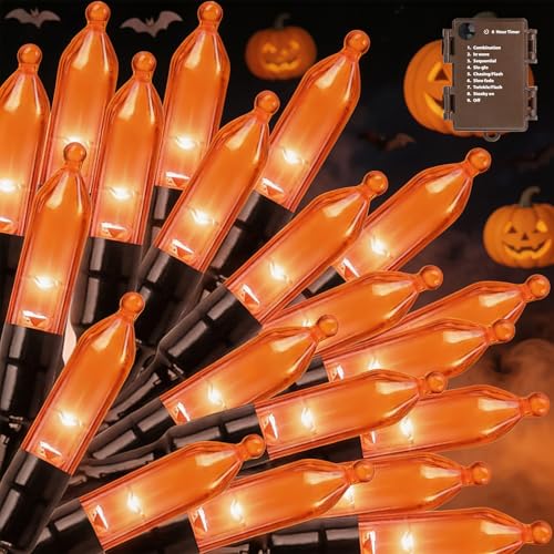 LAMPHOME Orange LED Outdoor Halloween Lights, 17.72 FT Mini String Light with 9 Modes & 6 Hour Timer, Waterproof Battery Operated for Indoor Outdoor Halloween Holiday Home Xmas Tree Patio Décor
