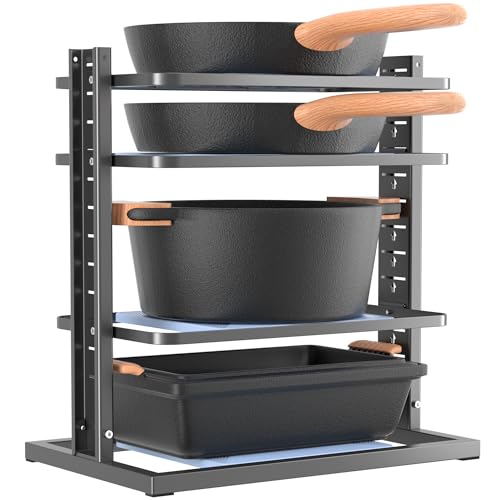 LAMU Pots and Pans Organizer for under Cabinet, 4-Tier Heavy Duty Pan Pot Organizers inside Cabinet, Adjustable Pot Rack Kitchen Cabinet Organization and Storage Holds up to 12" Cookware