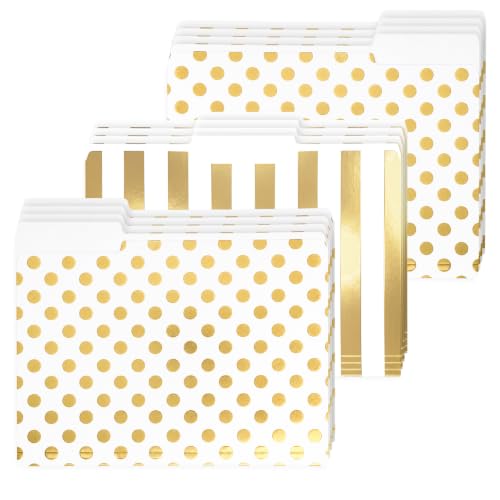 Landhoow 24 Pack Decorative File Folders with 1/3 Cut Tabs, Gold Foil Stripe and Polka Dots File Folders Letter Size Pocket Document Organizers for Classroom, Back to School Student Teacher Supplies