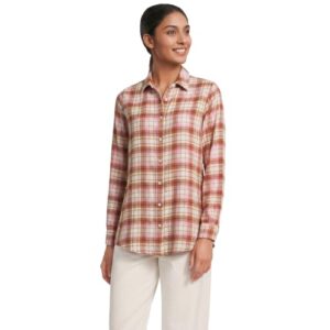 Lands' End Flannel Boyfriend Long Sleeve Shirt Large Rich Ginger/Aster Pink Plaid
