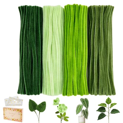 LansinLife 400 Pcs Pipe Cleaners Craft Set, 4 Assorted Pipe Cleaners Flower Kit, 7MM Fluffy Chenille Stems Flower Making Kit with 1Pcs Storage Bag for DIY Bouquet Gift Crafts Decorations (New Green)