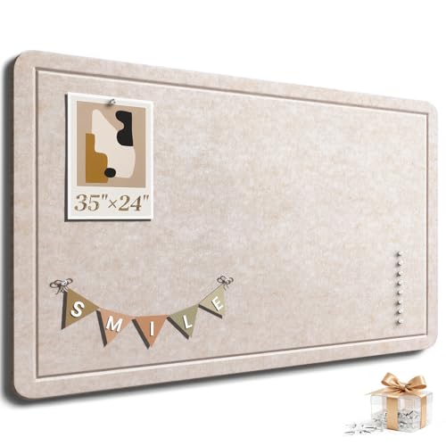 Large Bulletin Board, 35 X 24 Inches Felt Cork Board with 40 Pushpins, Foldable Felt Notice Pin Board Photo Display Board with Self-Adhesive Tape for Office Home School (Oatmeal, 35x24 inch)