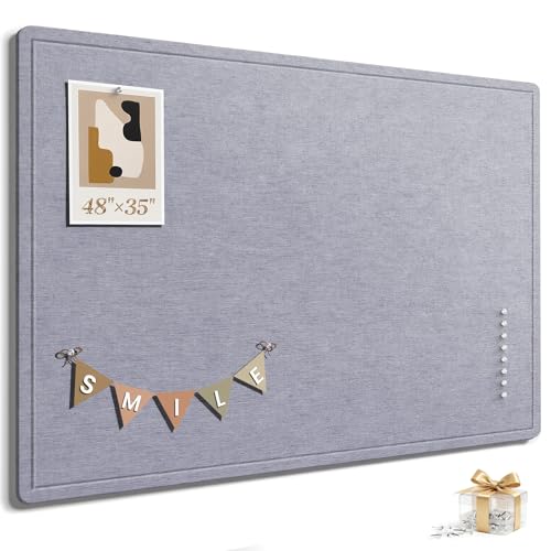 Large Bulletin Board, 48 X 35 Inches Felt Cork Board with 40 Pushpins, Foldable Felt Notice Pin Board Photo Display Board with Self-Adhesive Tape for Office Home School (Light Gray, 48x35 inch)