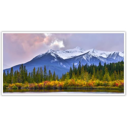 Large Canadian Banff Rockies Autumn Lake Wall Art Snow Capped Mountain Peaks Canvas Poster Colorful Fall Forest Calm Landscape Print Rustic Nature Decor for Living Room Cabin 24x48inch Unframed