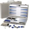 Large Gray Backgammon Set for Adults - Classic Board Game for 2 Players Adults and Kids - Premium 15 Inch Backgammon Board with 32 Playing Pieces in Quality PU Leather Case