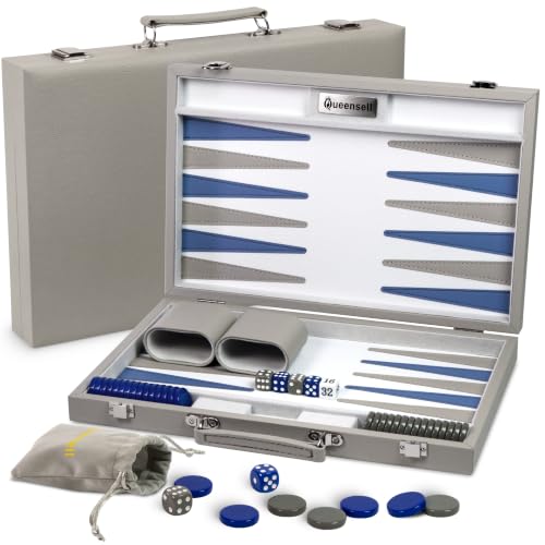 Large Gray Backgammon Set for Adults - Classic Board Game for 2 Players Adults and Kids - Premium 15 Inch Backgammon Board with 32 Playing Pieces in Quality PU Leather Case