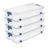 Large Underbed Wheeled Storage Bin, 66 Quart Clear Plastic Container with Latch Lid, Blue,4 Pack