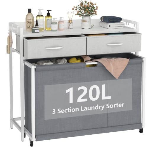 Laundry Hamper Laundry Basket with 3 Section Pull-Out Rolling Bags, Laundry Sorter for Organization and Storage with 2 Pull-Out Drawers for Laundry Room (White+Grey, 32.68'' x 31.81'' x 12.6'')