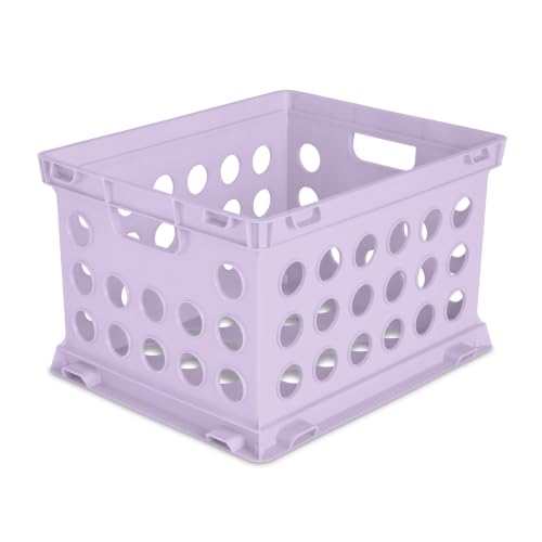 Lavender Plastic File Crate Storage Bin, Stackable Document Organizer with Integrated Through Handles, Hanging File Box for Letter Size Paper, Office & Home Desktop File Storage Container