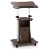 LDAILY Mobile Podium Stand, Height-Adjustable Portable Rolling Laptop Stand with Storage Cabine & Tilting Desktop, Sit to Stand Desk Laptop Cart with Lockable Casters for Office (Dark Brown)