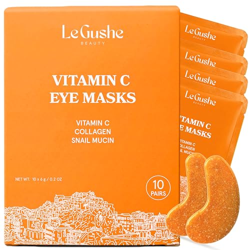 LE GUSHE Vitamin C Eye Patches with Collagen and Snail Mucin, Aloe Vera Eye Patches for Puffy and Dark Undereyes, Korean Skincare for All Skin Types, 10 Pairs