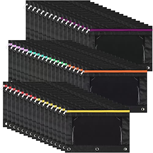 Leinuosen 64 Pack Black Pencil Pouch Bulk for 3 Ring Binder, Pencil Cases with Colored Zipper and Clear Window Storage Bag for Office, Back to School Classroom Supplies