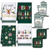 Leinuosen 8 Pcs Christmas Kitchen Decoration Set Christmas Tree Kitchen Towels Oven Mitts and Pot Holders Red Black Buffalo Plaid Dish Towel Oven Mitts Accessories for Baking Cooking(Green White,Elk)
