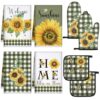 Leinuosen 8 Pcs Sunflower Green and White Checkered Kitchen Towels and Dishcloths Sets Pot Holders and Oven Mitts Sets Absorbent Kitchen Gloves Potholders Heat Resistant for Chef Baking Cooking