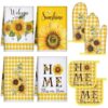 Leinuosen 8 Pcs Sunflower Yellow and White Checkered Kitchen Towels and Dishcloths Sets Pot Holders and Oven Mitts Sets Absorbent Kitchen Gloves Potholders Heat Resistant for Chef Baking Cooking