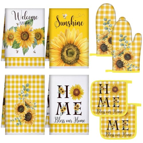 Leinuosen 8 Pcs Sunflower Yellow and White Checkered Kitchen Towels and Dishcloths Sets Pot Holders and Oven Mitts Sets Absorbent Kitchen Gloves Potholders Heat Resistant for Chef Baking Cooking