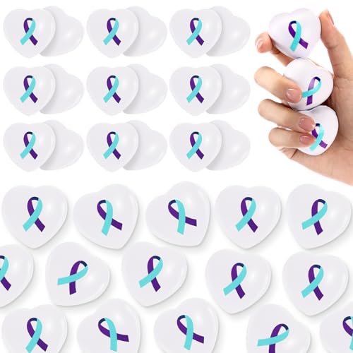 Leitee 100 Pcs Suicide Prevention Awareness Heart Stress Balls Bulk Teal Purple Ribbon Suicide Awareness Month Items Gifts Toys for Adults Stress Relief Public Charity Activities Supplies