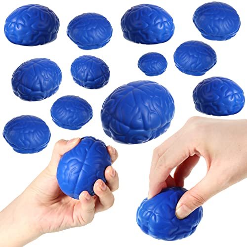 Leitee 12 Pcs Brain Stress Balls Bulk 3 Inch Large Brain PU Hand Muscle Exercise Pressure Ball Funny Stress Relief Ball for Adult Improving Grip Strength Prop Halloween Stuffing Stuffer(Blue)