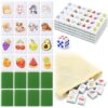 Leitee 2 Players Mahjong Block Set 1.18" Mahjong Tile Game Including 64 Pcs Green Tiles with Animal and Food Pattern Dice Portable Storage Bag Party Activities Supplies