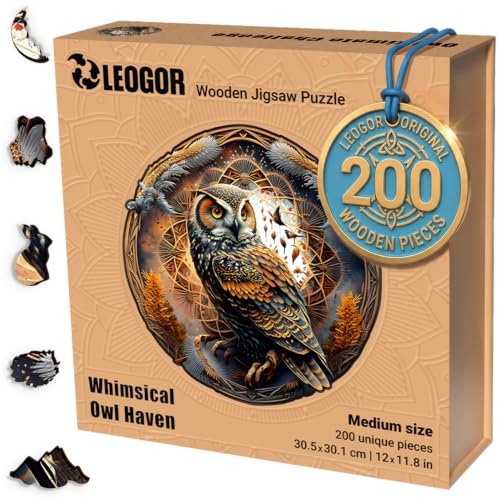 LEOGOR Whimsical Owl Haven Wooden Jigsaw Puzzle 200 Pieces 12 x 11.8 in Vivid Bird Mandala Artwork Thick Natural Wood Animal Shapes Challenging Adult Gift Family Decor Screen-Free Mindfulness