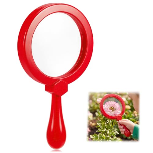 Lewtemi Kids Science Learning Toys Kids Magnifying Glass with Stand Grasp Jumbo Magnifiers 3X Magnification Exploration Preschool Learning Toys for Reading Book Map Insect (Red)