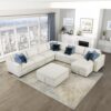 Lexicon 140 Inch Sectional Couches for Living Room-Modular Sectional Sofa, Pull Out Bed, Storage Ottoman, 8 Pillows, Reversible Storage Chaise, Adjustable Backrests, U Shaped 7 Seater, Fabric Beige
