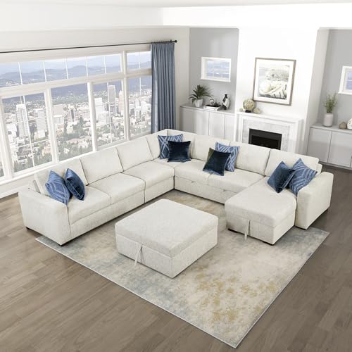 Lexicon 140 Inch Sectional Couches for Living Room-Modular Sectional Sofa, Pull Out Bed, Storage Ottoman, 8 Pillows, Reversible Storage Chaise, Adjustable Backrests, U Shaped 7 Seater, Fabric Beige