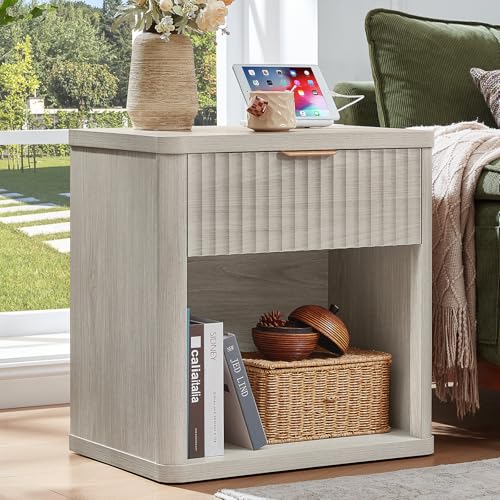 LEYAOYAO 23" Wide Fluted Night Stand with Charging Station, 1 Drawers Large End Table with Storage, LightGrey Nightstand Wood Bedside Tables, Farmhouse Cabinet Dresser for Bedroom, Closet