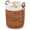 LGENHOOM Round Woven Laundry Basket with Removable Liner, Handwoven Water Hyacinth Clothes Hamper Basket with Handles