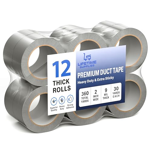 Lifetime Supplies 12 Pack of 2 Inch Duct Tape Heavy Duty | 30 Yards Per Roll - 360 Total Yards | Waterproof | Strong Adhesive, Bulk Quantity | Commercial Indoor & Outdoor Repairs | Tear by Hand