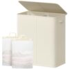 Lifewit 145L Double Laundry Hamper with Lid, Large 2 Section Laundry Basket with Lid and Easy Carry Bag, Tall Collapsible Dirty Clothes Hamper in Bedroom Bathroom Dorm College, White