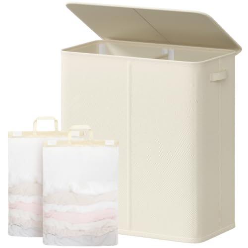 Lifewit 145L Double Laundry Hamper with Lid, Large 2 Section Laundry Basket with Lid and Easy Carry Bag, Tall Collapsible Dirty Clothes Hamper in Bedroom Bathroom Dorm College, White
