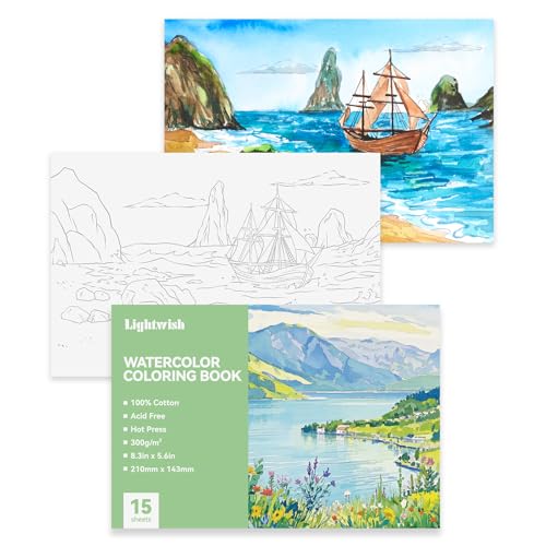 Lightwish Watercolor Coloring Book for Adults & Beginners,100% Cotton 300gsm/140lb Acid-Free Hot Press Paper, 8.3 x 5.6 Inches,15 Sheets,Landscape-Themed