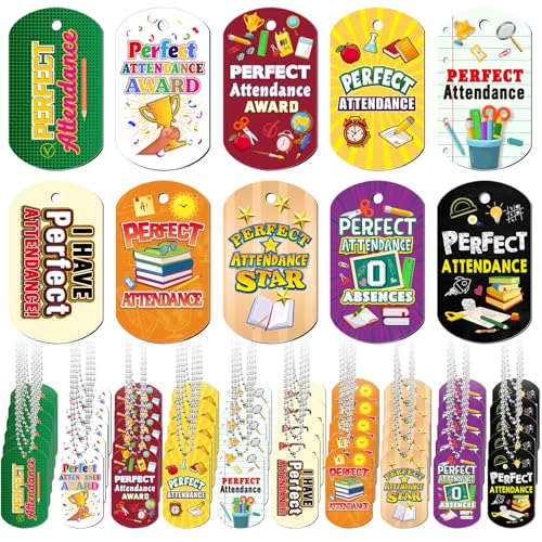 Liliaafar 120 Set Perfect Attendance Awards Dog Tag Necklaces Bulk Acrylic Tags with Chains for Student Incentives, Classroom Rewards, Birthday Gifts, Team Prizes, School Teacher Supply, 2'' x 1.1''