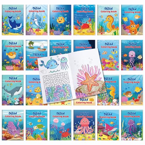 Liliful 24 Pcs Ocean Cartoons Coloring Book Bulk Mini Ocean Cartoons Theme Drawing Book with Sea Creature Shell Patterns Marine Life Goodie Bag Filler Party Favors and Holiday Gifts