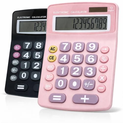 Lily' Home Jumbo 12 Digit, Solar Power, Large LCD Display - Desktop Calculator, Dual Power, Large Button Design, Battery Operation, Easy-to-Read Tilted, for Home, Office, School, Class & Business, 2PK