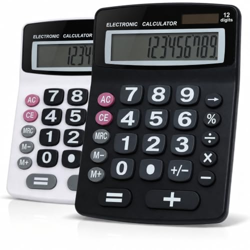 Lily' Home Jumbo 12 Digit, Solar Power, Large LCD Display - Desktop Calculator, Dual Power, Large Button Design, Battery Operation, Easy-to-Read Tilted, for Home, Office, School, Class & Business, 2PK