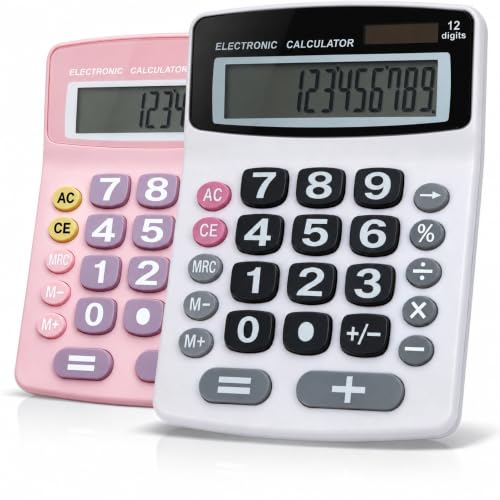 Lily' Home Jumbo 12 Digit, Solar Power, Large LCD Display - Desktop Calculator, Dual Power, Large Button Design, Battery Operation, Easy-to-Read Tilted, for Home, Office, School, Class & Business, 2PK