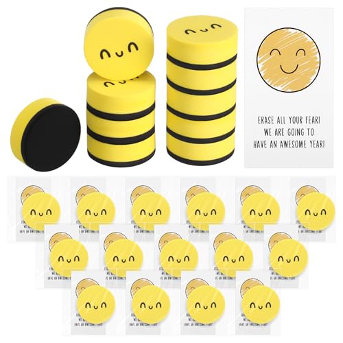 Lincia 24 Set Back to School Gift Smile Magnetic Whiteboard Erasers Bulk with Motivational Cards Mini Cute Dry Eraser Chalkboard Cleansers Wiper for Kids Students Teachers Classroom School Office Home