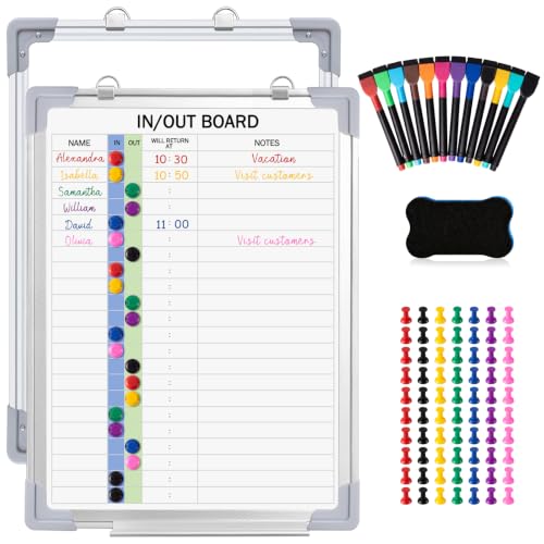 Lincia in and Out Magnetic Dry-Erase Board Aluminum Framed White Board with Lines Names with Magnetic Dry-Erase Marker, Eraser, and Magnets Wall-Mounted for Office Employee (16" X 12",Colored Styles)