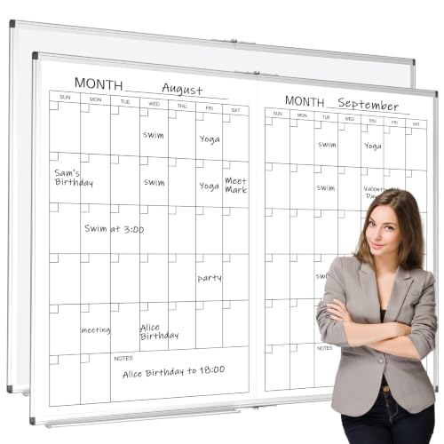 Lincia Large 48" x 36" Magnetic 2 Month Dry Erase Calendar White Board Foldable Whiteboard Calendar for Wall Mounted 2 in 1 Double Side Whiteboard with Dry Erase Board for Wall Office Home