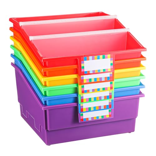 Lineshading 6 Pack Picture Book Organizer Bins with Dividers Large Plastic Book Holders with Labels Multi Purpose Classroom Organization Bins Storage Container(Rainbow Color,13.5 " X 13.5 " X 7.75")
