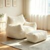 LKD Fluffy Striped Bean Bag Chair with Armrest,Comfort Lazy Reading Sofa for Indoor Use,White with footrest