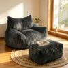 LKD Fluffy Striped Bean Bag Chair with Armrest,Comfort Lazy Reading Sofa for Indoor Use,Black with footrest