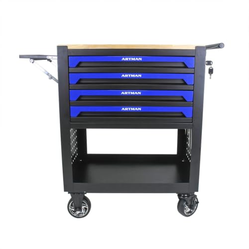 LMAOSS 4 Drawer Rolling Tool Cart with Wheels, Heavy Duty Steel Tool Cabinet with Oak Wood Top Workbench, Lockable Storage Drawers, Adjustable Shelf & Ball Bearing Slides, Mobile Organizer for Garage,